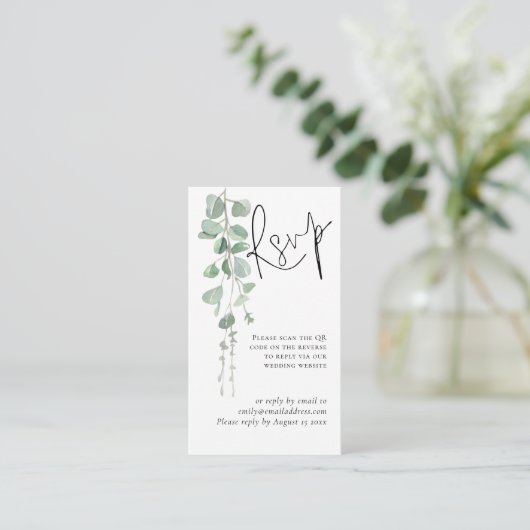 Mini Eucalyptus Script QR Code Wedding RSVP Begleitkarte (Stehend Vorderseite)