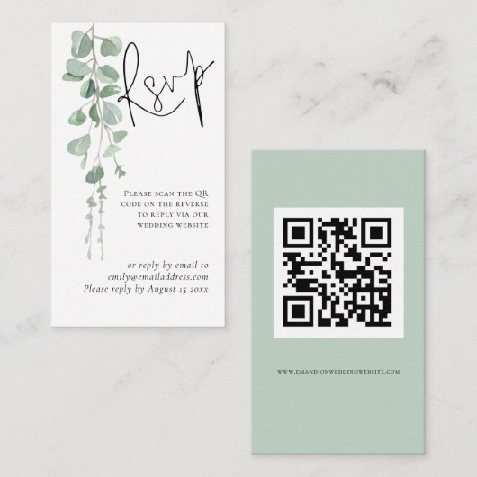 Mini Eucalyptus Script QR Code Wedding RSVP Begleitkarte (Vorne/Hinten)