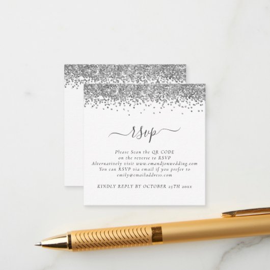 Mini Glam Silver Glitzer QR Code Wedding RSVP Begleitkarte (Vorderseite/Rückseite Beispiel)