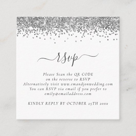 Mini Glam Silver Glitzer QR Code Wedding RSVP Begleitkarte (Vorderseite)