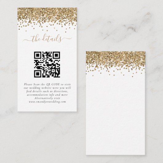 Mini Gold Glitzer QR Code Hochzeitdetails Begleitkarte (Vorne/Hinten)