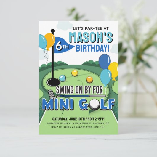 Mini Golf Birthday Invitation, Putt Putt Birthday  Einladung (Stehend Vorderseite)