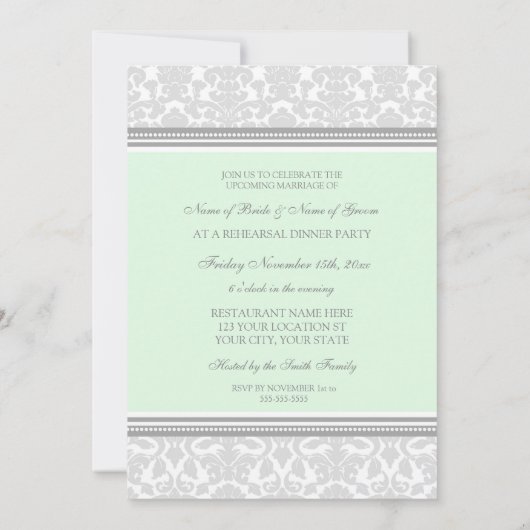 Mini-Grau-Damast-Probe Abendessen Party Einladung (Rückseite)