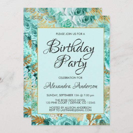 Mini Green Floral Rose Monogram Birthday Party Einladung (Vorne/Hinten)