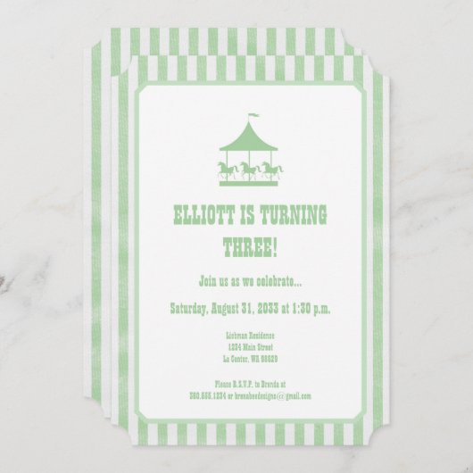 Mini Green Seersucker Karussell Einladung (Vorne/Hinten)