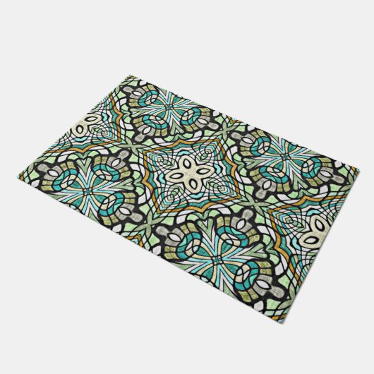 Mini Green Türkise Angesagt Bohemisch Bali Art Mot Fußmatte (Schrägansicht)