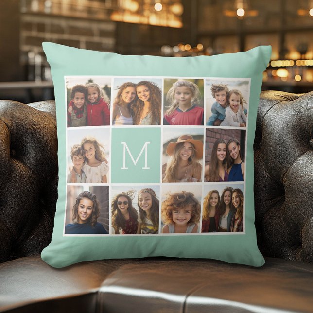Mini Green Unique Foto Collage Custom Monogram Kissen (Custom Photo Pillow)