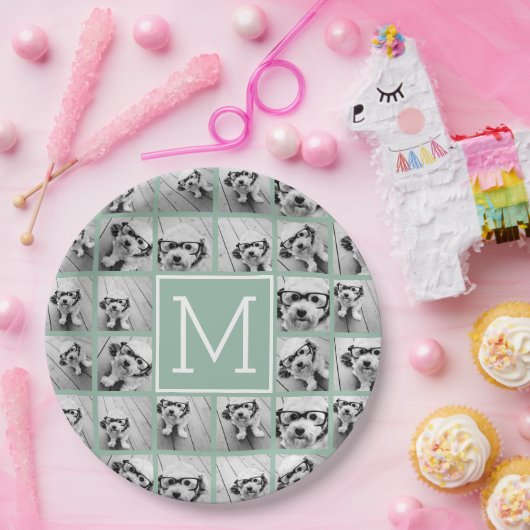 Mini Green Unique Foto Collage Custom Monogram Pappteller (Party)