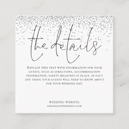 MINI-GRÖSSE Hochzeitdetails Script Silver Glitzer Begleitkarte (Vorderseite)