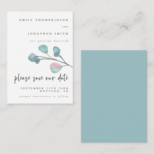 MINI-GRÖSSE Pastel Eukalyptus Wedding Save the Dat Mitteilungskarte (Vorne/Hinten)