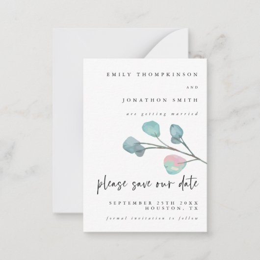MINI-GRÖSSE Pastel Eukalyptus Wedding Save the Dat Mitteilungskarte (Vorderseite)