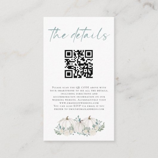 Mini-Größe White Pumpkins QR Code Hochzeitdetails Begleitkarte (Vorderseite)