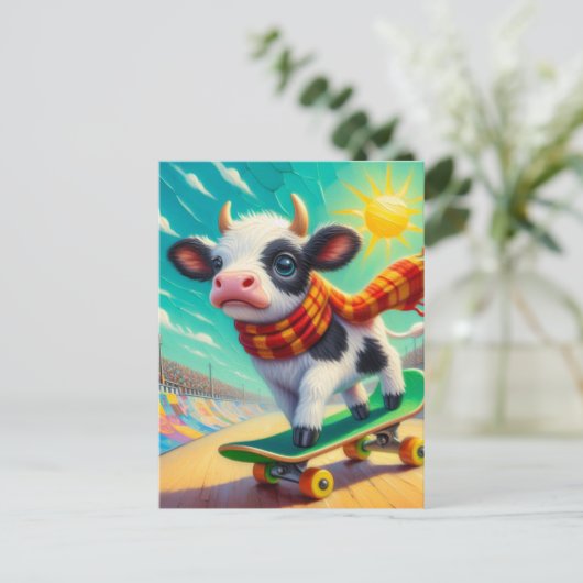 Mini-Kuh-Skateboarding Postkarte (Stehend Vorderseite)