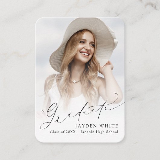 Mini Modern Chic Script Foto Abschluss laden Begleitkarte (Vorderseite)