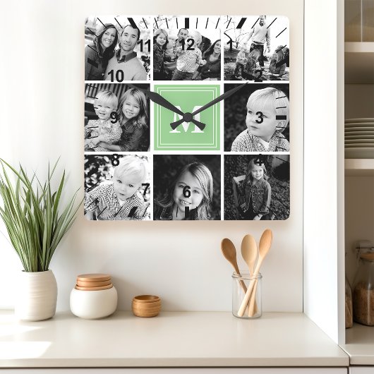 Mini Monogram Family Foto Collage Quadratische Wanduhr