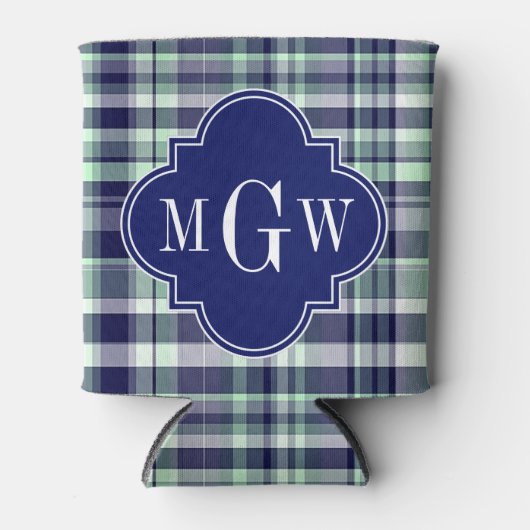 Mini Navy White Preppy Madras Quatrefolienmonogram Dosenkühler (Vorderseite)