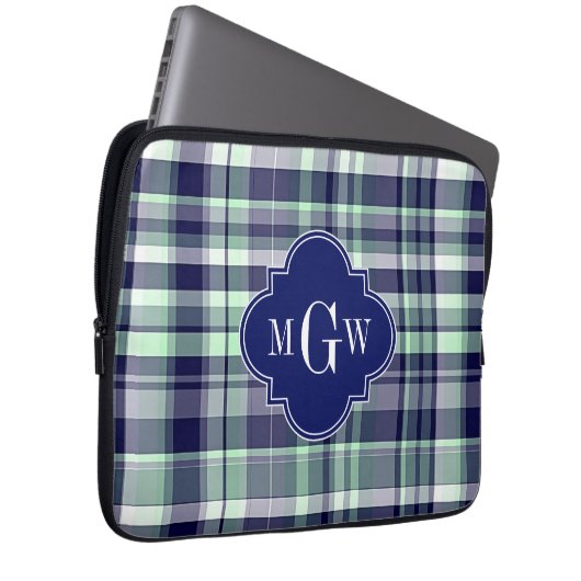 Mini Navy White Preppy Madras Quatrefolienmonogram Laptopschutzhülle (Vorne Rechts)
