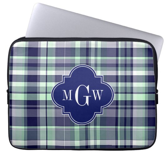 Mini Navy White Preppy Madras Quatrefolienmonogram Laptopschutzhülle (Vorderseite)