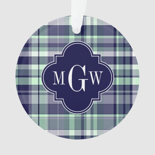 Mini Navy White Preppy Madras Quatrefolienmonogram Ornament (Vorderseite)