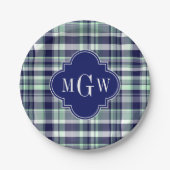Mini Navy White Preppy Madras Quatrefolienmonogram Pappteller (Vorderseite)