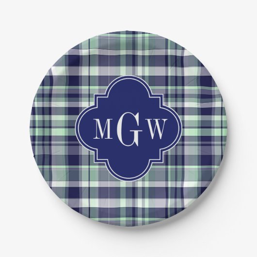 Mini Navy White Preppy Madras Quatrefolienmonogram Pappteller (Vorderseite)