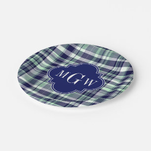 Mini Navy White Preppy Madras Quatrefolienmonogram Pappteller