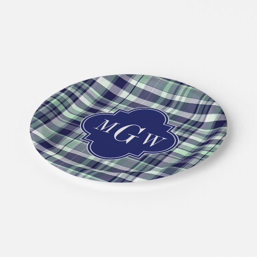 Mini Navy White Preppy Madras Quatrefolienmonogram Pappteller (Schrägansicht)