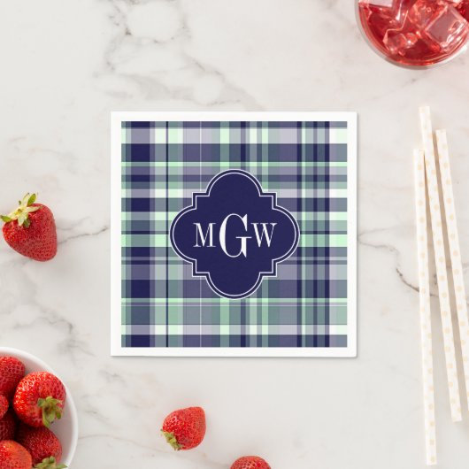 Mini Navy White Preppy Madras Quatrefolienmonogram Serviette (Beispiel)