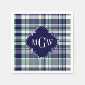 Mini Navy White Preppy Madras Quatrefolienmonogram Serviette (Vorderseite)