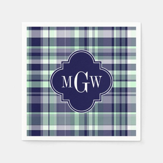 Mini Navy White Preppy Madras Quatrefolienmonogram Serviette (Vorderseite)
