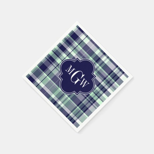 Mini Navy White Preppy Madras Quatrefolienmonogram Serviette (Ecke)