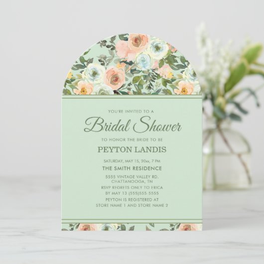 Mini Peach Wassercolor Blumenbogen Brautparty Einladung (Stehend Vorderseite)