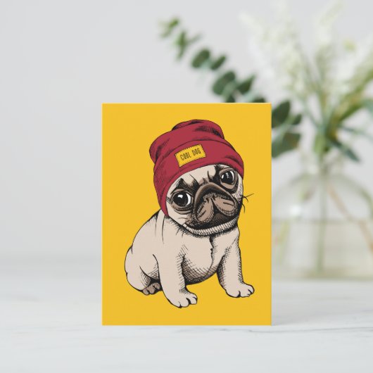 Mini Puppy Hipster Mops Postkarte (Stehend Vorderseite)