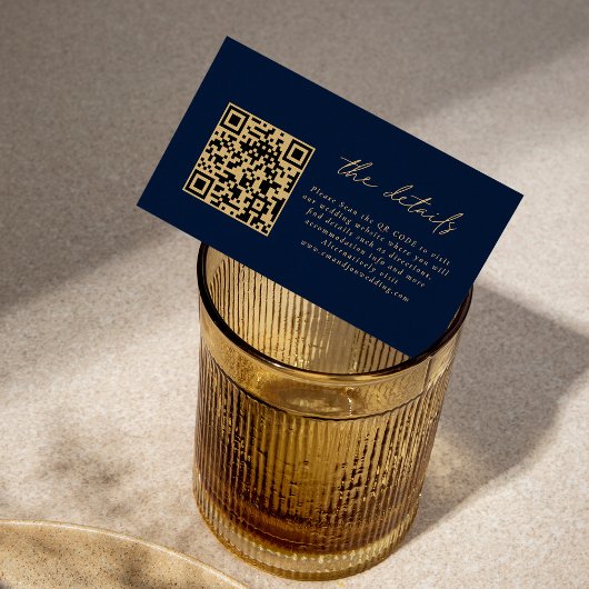 Mini QR Code Gold Script Navy Blue Wedding Details Begleitkarte