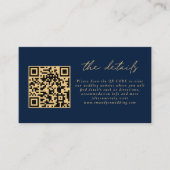 Mini QR Code Gold Script Navy Blue Wedding Details Begleitkarte (Vorderseite)