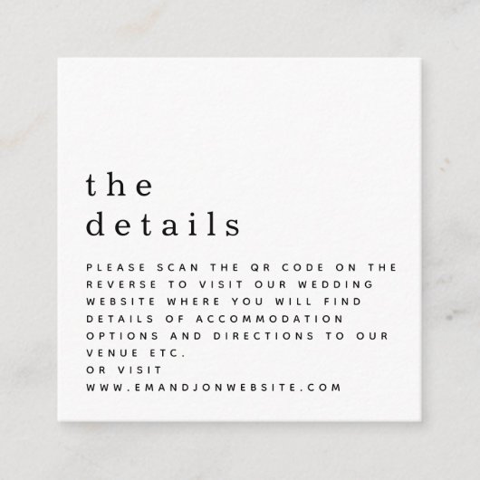 MINI QR-Code Schwarz-weiße Hochzeitdetails Begleitkarte (Vorderseite)