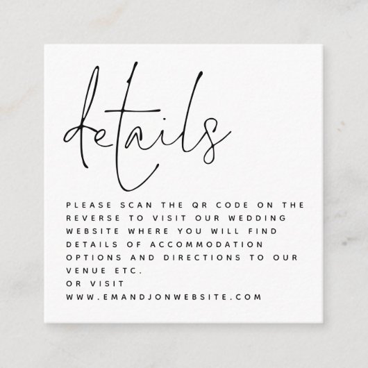MINI QR Code Skript Schwarz-weiße Hochzeitdetails Begleitkarte (Vorderseite)