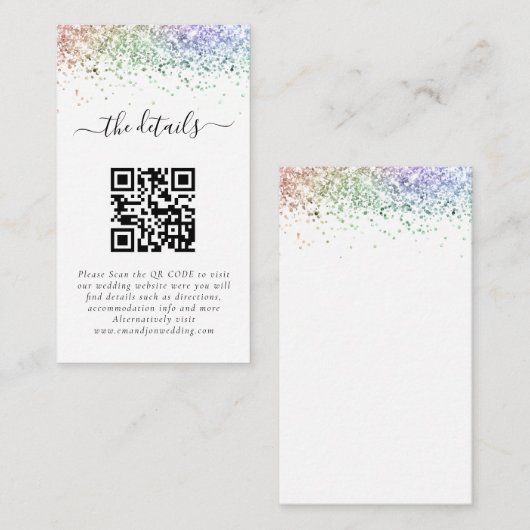 Mini Rainbow Glitzer QR Code Wedding Details Begleitkarte (Vorne/Hinten)