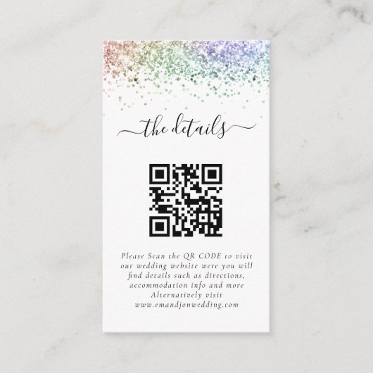 Mini Rainbow Glitzer QR Code Wedding Details Begleitkarte (Vorderseite)