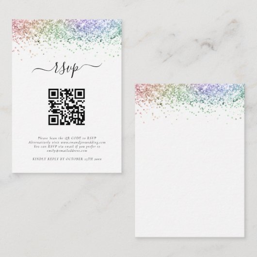 Mini Rainbow Glitzer QR Code Wedding RSVP Begleitkarte (Vorne/Hinten)