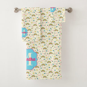 Mini-Regenbogen-Wurf auf gelbem Retro-Muster-Monog Badhandtuch Set