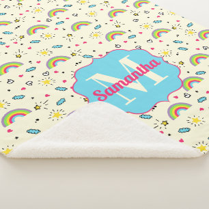Mini-Regenbogen-Wurf auf gelbem Retro-Muster-Monog Sherpadecke