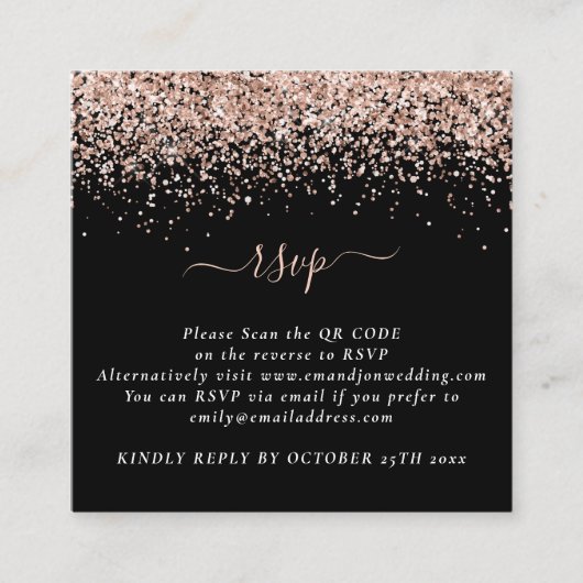 Mini Rose Gold Glitzer QR Code Black Wedding RSVP Begleitkarte (Vorderseite)
