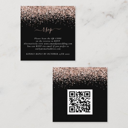 Mini Rose Gold Glitzer QR Code Black Wedding RSVP Begleitkarte (Vorne/Hinten)
