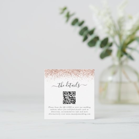 Mini Rose Gold Glitzer QR Code Hochzeitdetails Begleitkarte (Stehend Vorderseite)