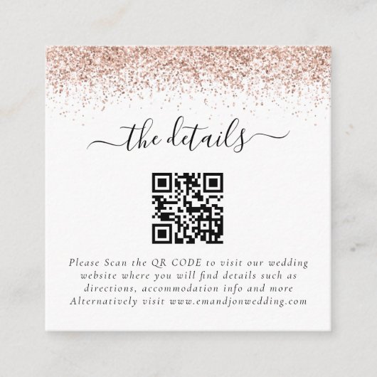 Mini Rose Gold Glitzer QR Code Hochzeitdetails Begleitkarte (Vorderseite)