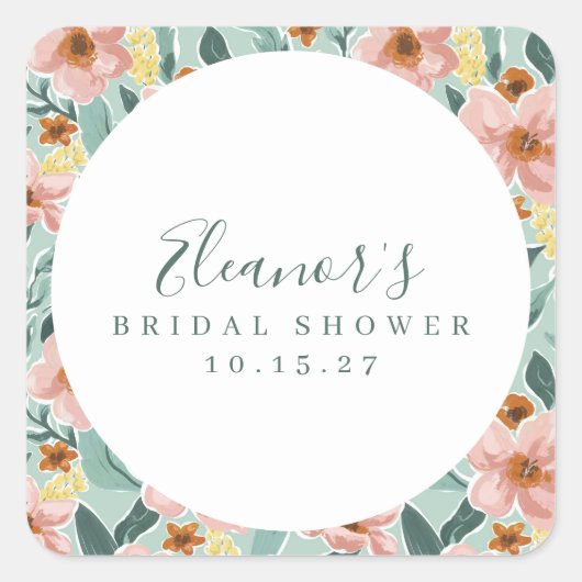 Mini Sage Pink Floral Script Brautparty Custom Quadratischer Aufkleber (Vorderseite)