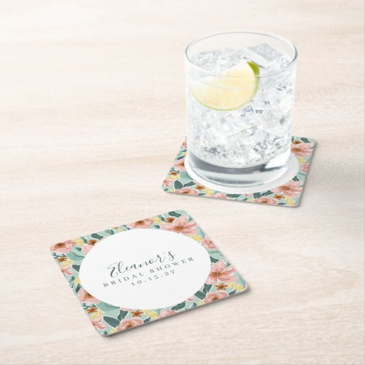 Mini Sage Pink Floral Script Brautparty Custom Rechteckiger Pappuntersetzer (Vor Ort)