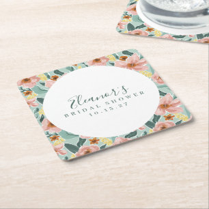 Mini Sage Pink Floral Script Brautparty Custom Rechteckiger Pappuntersetzer