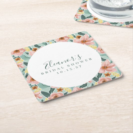 Mini Sage Pink Floral Script Brautparty Custom Rechteckiger Pappuntersetzer (angewinkelt)